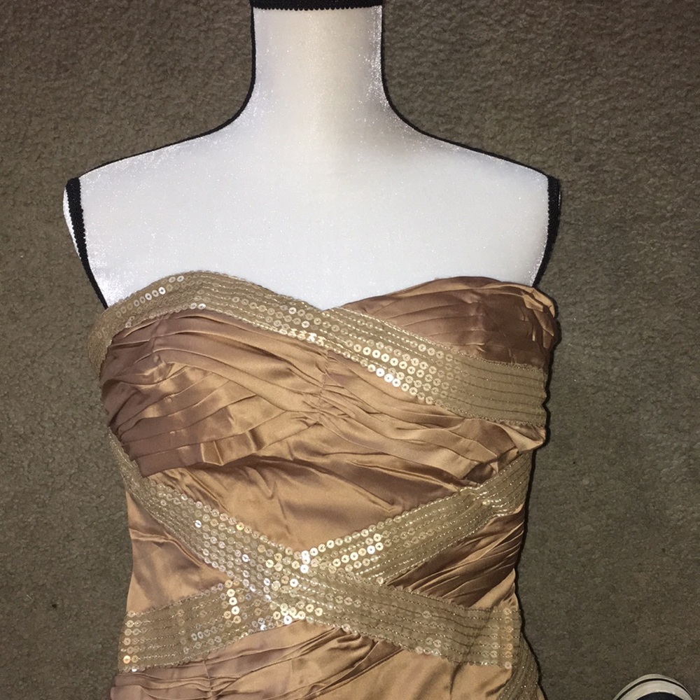Gold sequin strapless cocktail mini dress